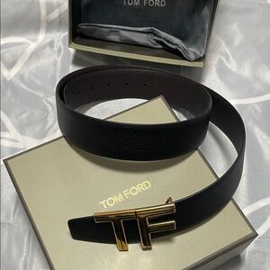 Tom Ford Black Leather Belt with Gold Buckle